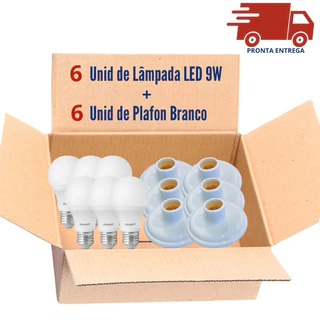 Kit 6 Peças Plafon Branco + 6 Lâmpadas 9W 6500K Redondo Soquete Porcelana Bocal E-27 Luz Iluminação