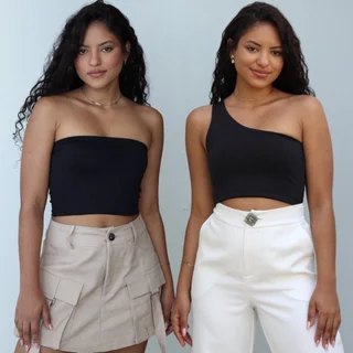 Kit 2 Cropped Feminino Tube Top Faixa e Mula Manca Um Ombro Suplex Forrados