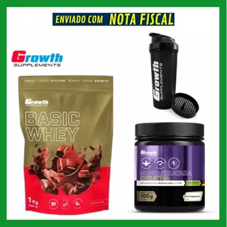 Whey Protein Chocolate Basic 1KG Growth + 1 Creatina Creapure 100G + Coqueteleira 600Ml