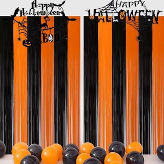 Kit 2/3 Cortina Painel Metalizada Fita Laranja e Preto Festa Decoraçao Halloween 2x1m