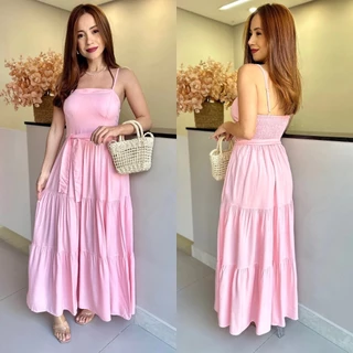 Vestido Midi com Bojo Liso Rosa com Laço Alça Fina Festas Batizado Casamento