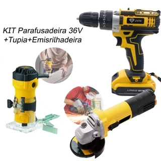 Kit Parafusadeira furadeira 36v Com 2 bateria e Tupia Laminadora Manual 6mm 600w e Maleta de Transporte + Esmerilhadeira