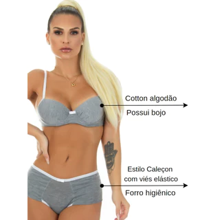 Conjunto de Lingerie Algodão com Calcinha Caleçon em Oferta na Shopee