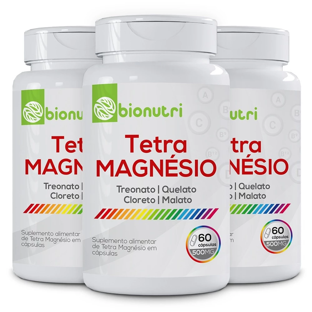 Kit 3x Tetra Magnesio - Treonato Quelato Cloreto e Malato 500mg 60 Capsulas - Bionutri