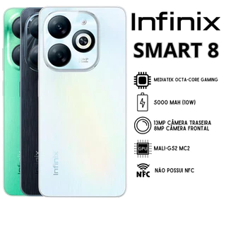 Infinix Smart 8 128GB ROM / 4GB RAM Versão Global | Smartphone 4G, ROM Global, Câmera 13MP, Carregador 10W