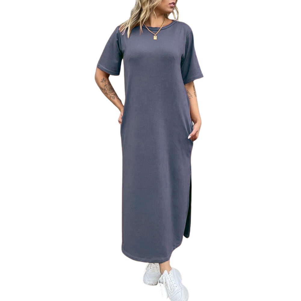 Vestido T-shirt Longo Saruel Midi Feminino Com Fenda Lateral E Bolsos Sem  Estampa Básico
