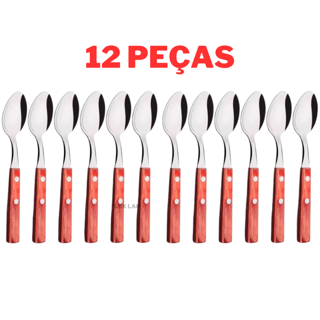 Colher de Cozinha Inox Kit 12 ou 6 Peças Talher Grande Cabo Madeira Luxo Sopa Faqueiro