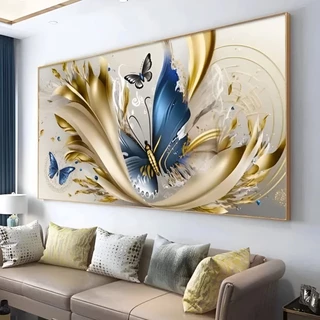 Quadro Decorativo Borboleta Azul Fundo Mármore Grande Sala Quarto