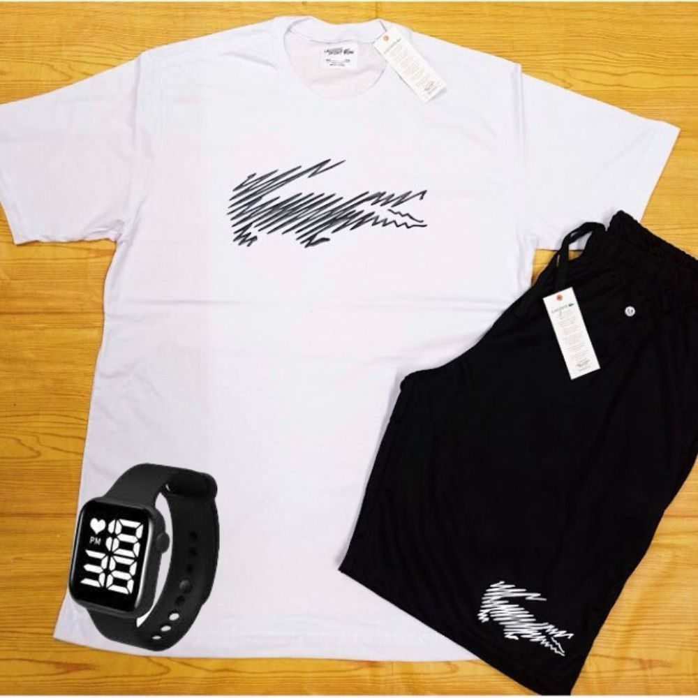 Conjunto Kit camiseta 100% algodão 30.1 Riscado bermuda leve para academia RELOGIO DIGITAL