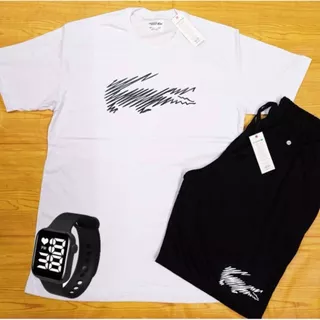 Conjunto Kit camiseta 100% algodão 30.1 Riscado bermuda leve para academia RELOGIO DIGITAL