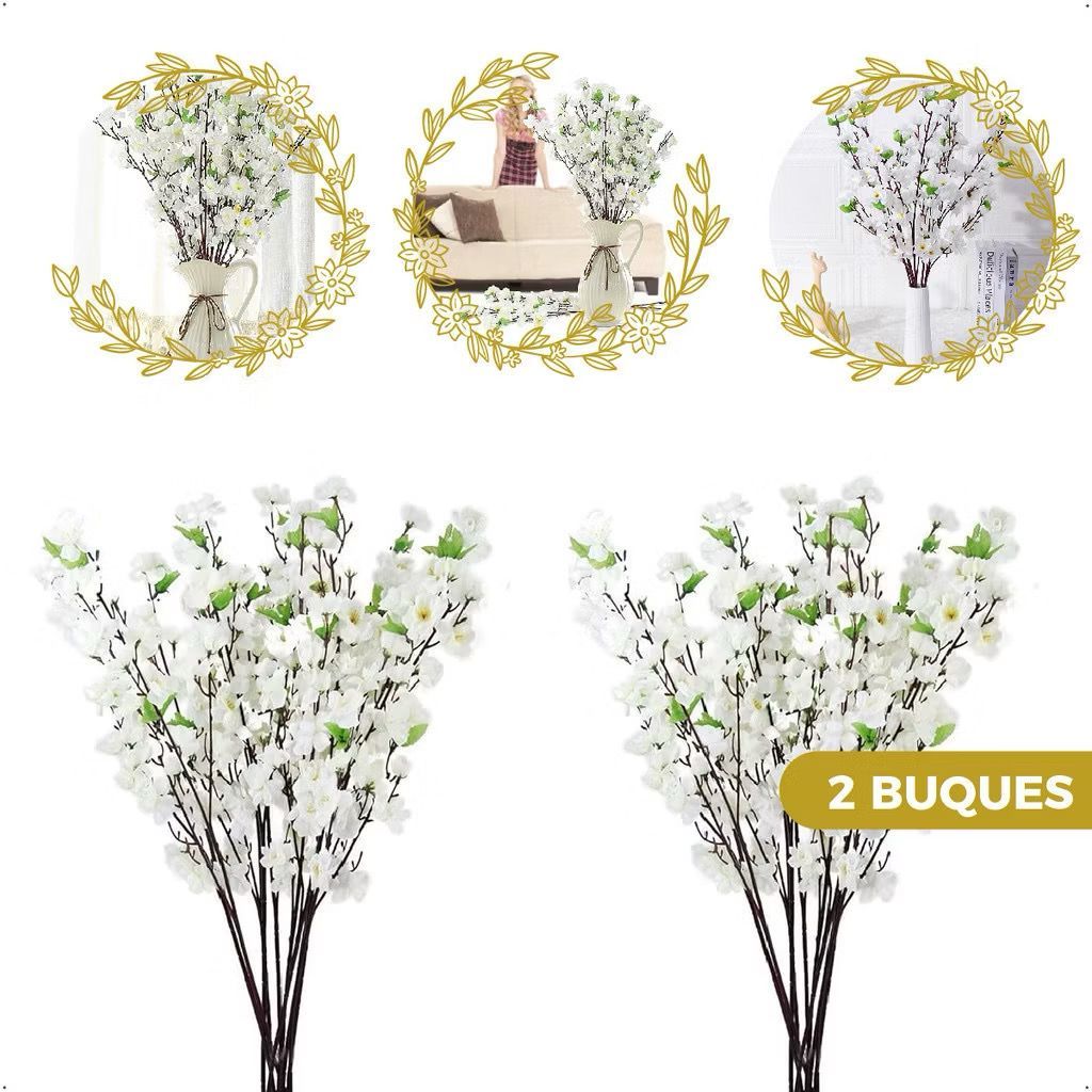 Kit 2 Buques Flor Cerejeira Branco Artificial 6 Galhos Grande Decoração Folhagem Montar Arranjos 63 florzinhas