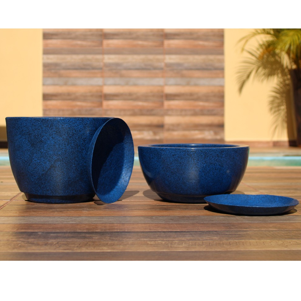 Kit 2 Vasos Polietileno Decorativos Para Plantas Luxo Bojo e Bacia N1 Estilo Marmore Liso