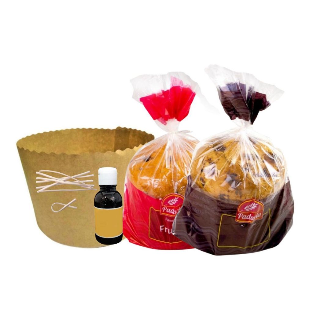 Kit 20 Forma Papel Panetone 500g Saco Chocolate e Frutas Fecho Essência