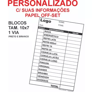 Blocos de Comanda PERSONALIZADA c/ 100 Folhas 10x7 Papelaria para Lanchonete, Barzinho, Restaurante