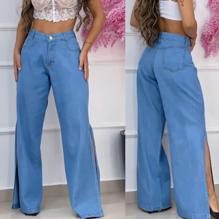 Calça Feminina Jeans Wide Leg Cintura Alta Com Fenda Lateral Pantalona