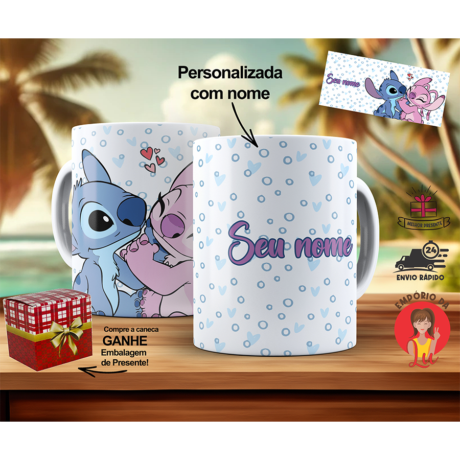 Caneca Porcelana 325 ml Stitch Lilo Personalizada Com Seu Nome