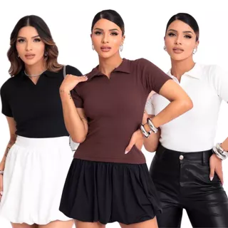 KIT 3 blusa Polo Moda Feminina Moda Gringa Verão Básico Casual Trabalho