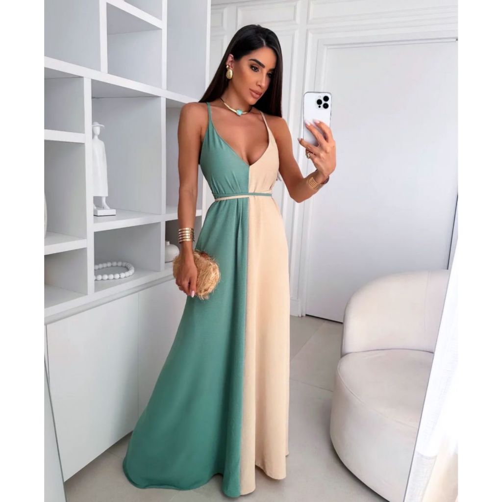 Vestido bicolor Duna com bojo Fresquinho Alça ajustável !