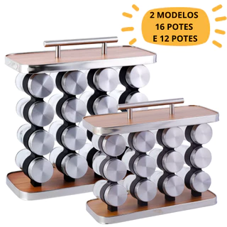 Porta Condimento Luxo Em Aço Inox 16 Peças Em Vidro Inox E Madeira Elegante