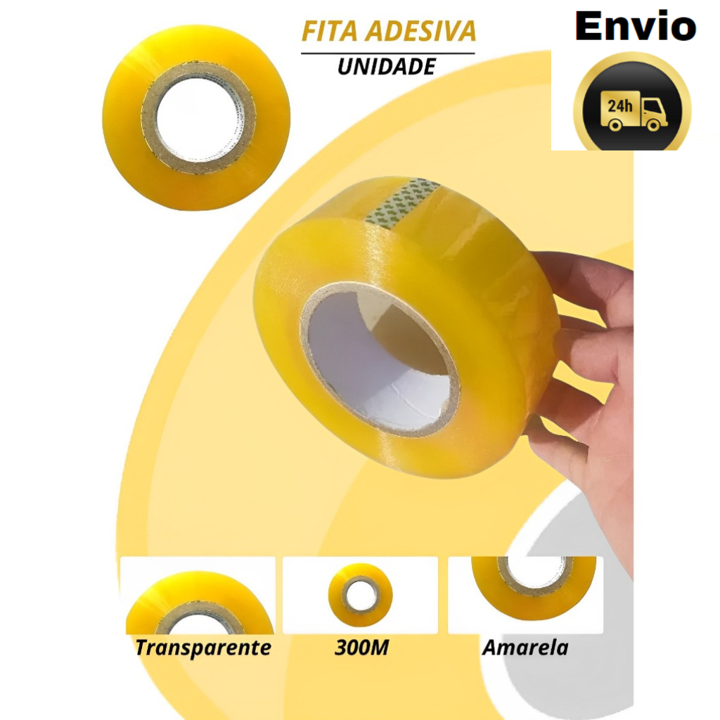 Fita Adesiva Larga 300m Transparente e Amarela (Unidade)