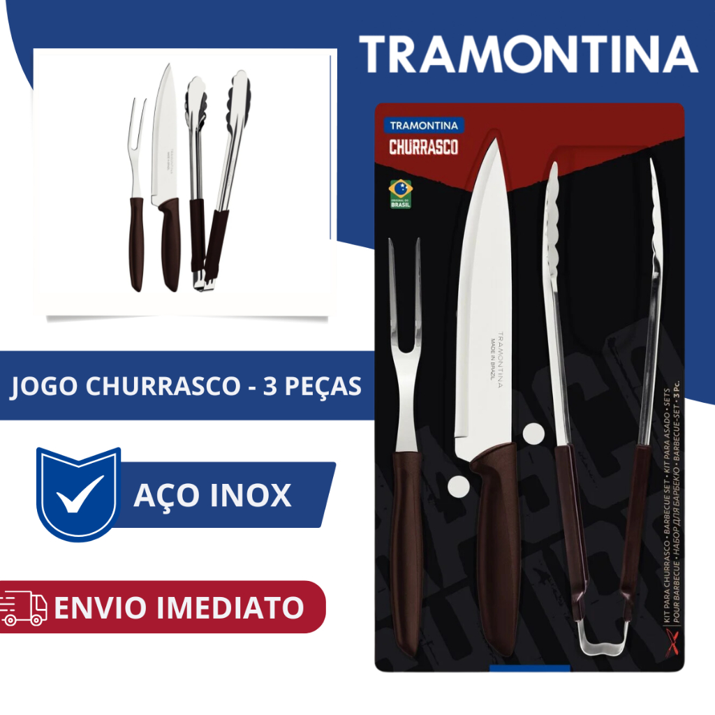 Kit Churrasco Tramontina 3 Peças Plenus Faca Garfo Trinchante Pegador Marrom