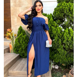 Vestido Longo Ciganinha  Lastex Com Fenda Ombro A Ombro Delicado Verão em Oferta na Shopee