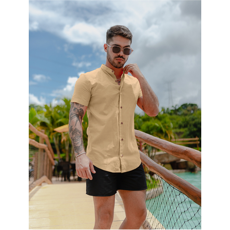 Camisa Social Masculina Gola Padre Manga Curta Aspecto de Linho - Slim Fit