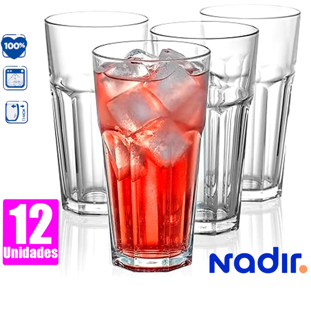 Conjunto 12 Copo Bristol Long Drink Vidro Grosso 340ml Nadir 12 Peças design vintage robusto
