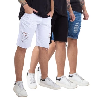 kit 3 Bermuda Jeans Rasgada Masculina Lisa Lycra Premium Promoção Destroyed Verão Praia