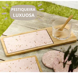 Petisqueira Colher e Bandeja Bambu Vidro Tabua Terrazo Luxo Presentes
