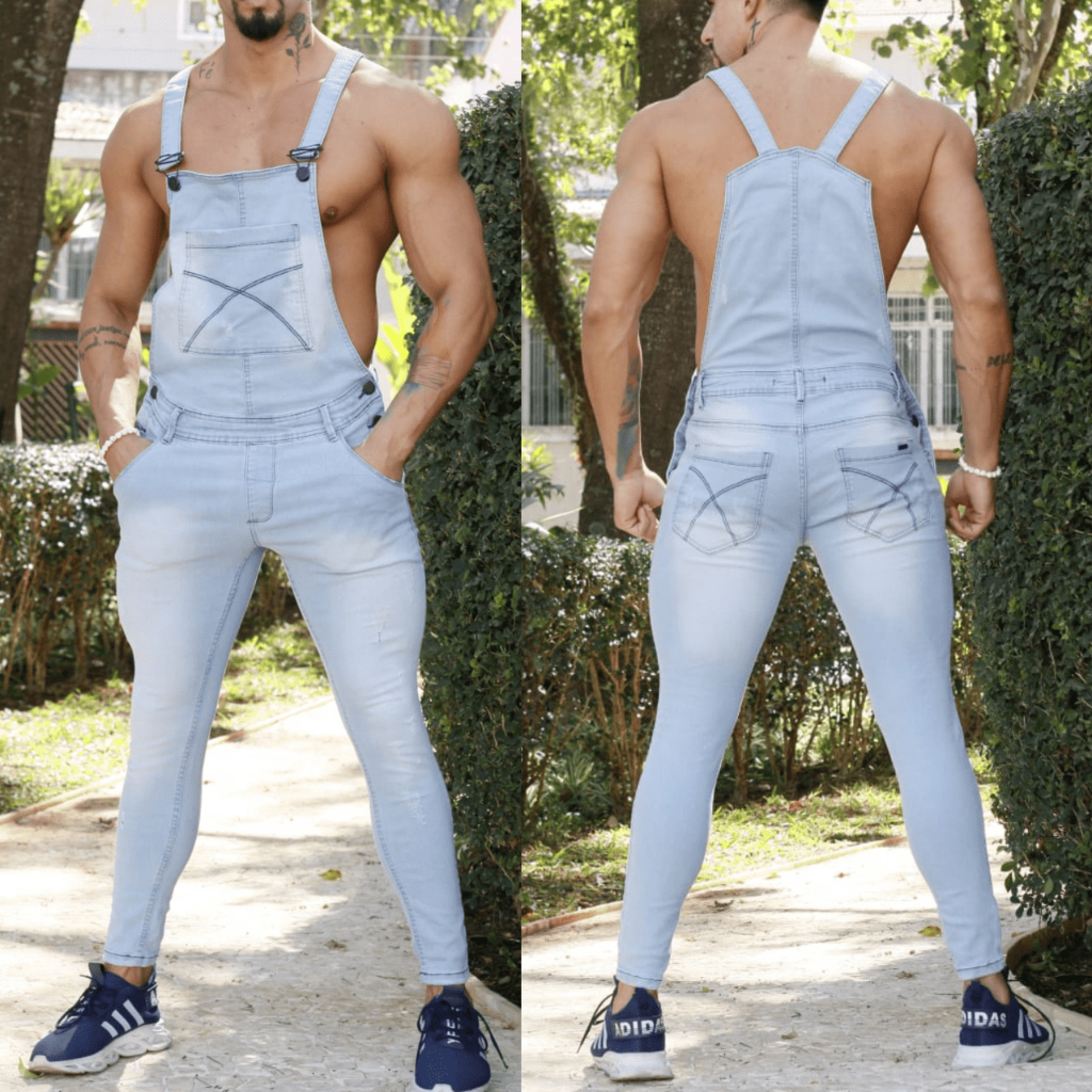 Shops jardineira masculina jeans rasgado