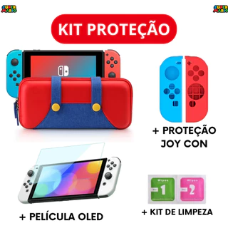 Kit Case Estojo Proteção + Proteção Silicone Joy Con + Película Vidro Temperado Switch Oled + Kit de Limpeza