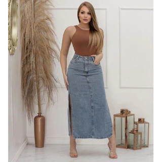 Saia Jeans Longa Midi Feminina Cintura Alta Com Fenda