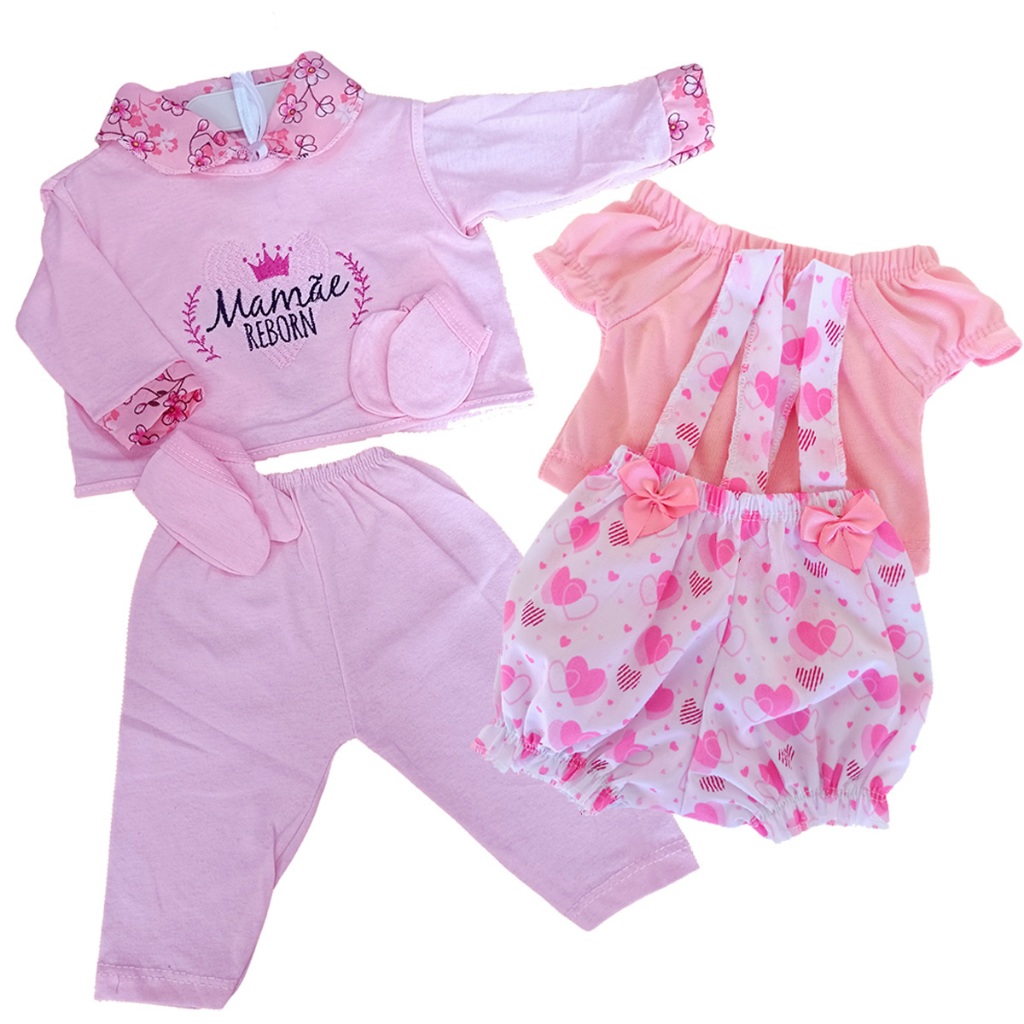 Kit Roupinha Bebê Reborn Boneca Jardineira Pijama Peças