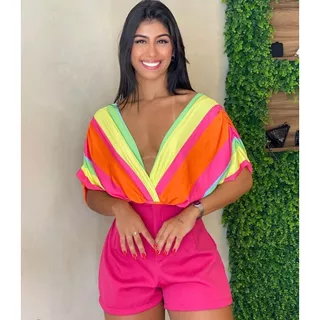 BODY FEMININO MANGA MORCEGO DECOTE V -LISTRADO COLORS