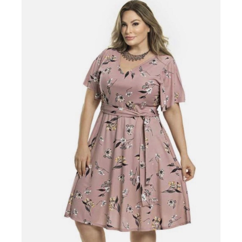 Vestido Plus Size Feminino Godê Estampado mangao Moda Maior Suplex Digital Grande Veste 44 ao 48 busto 56 quadril 50 comprimento 1,10