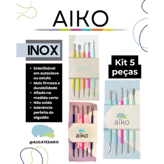 Kit Aiko 5 instrumentos Inox Manicure Pedicure - Espátula e Palito, Desencravador, Bastão