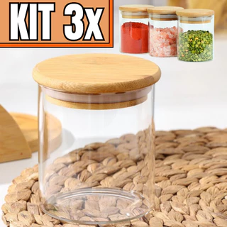 Kit 3 Pote de Vidro 800ML Condimento Redondo Tampa de Bambu Fechamento Hermético
