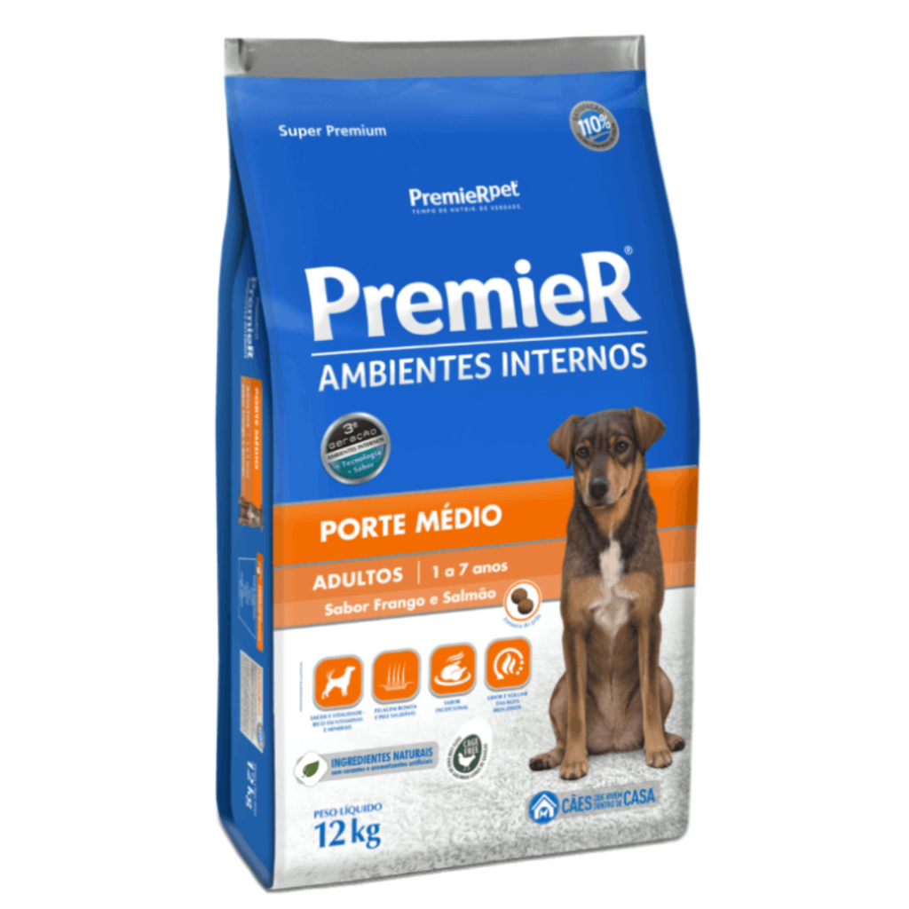 Ração Premier Cães Adultos Médio Porte Sabor Frango e Salmão 12kg