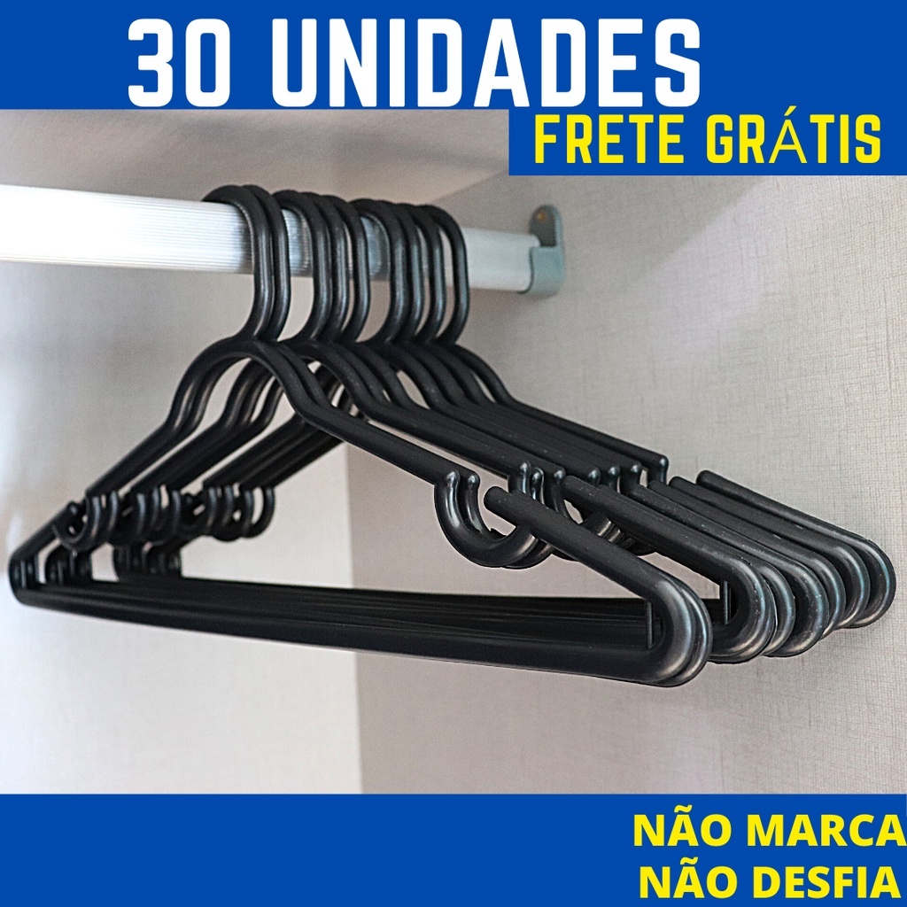 Cabide Adulto Preto kit 30 Cabides Reforçado Organizar Roupas | Shopee ...
