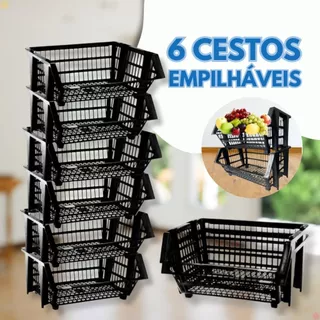 6 Cesto Cestao Empilhavel Expositor Organizador Preto