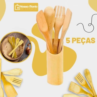 Kit Conjunto 5 Peças Utensílios Bambu Resistente Multiuso Casa Cozinha Decoração Com Suporte de Bambu