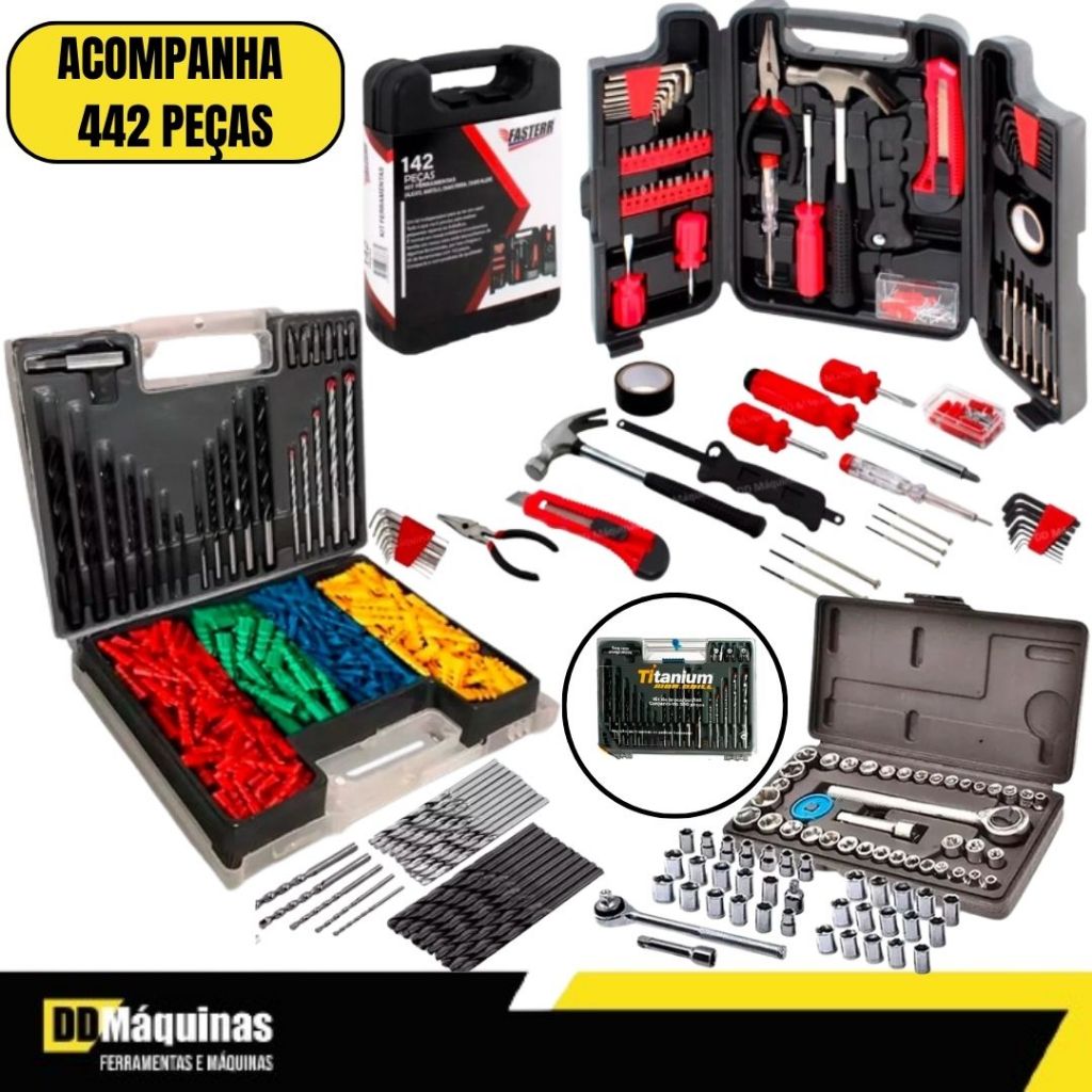 Kit Ferramentas 142 Peças + 340 Peças Buchas Bits E Brocas Max Drill - Titanium/Fasterr