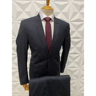 Terno Slim Cinza Grafite Quadriculado – Poliviscose, Corte Slim, 2 Botões