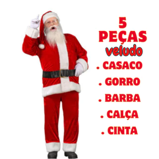 Fantasia Papai Noel Roupa Adulta Feltro Veludo Completa Casaco Barba Calça Cinto e Touca