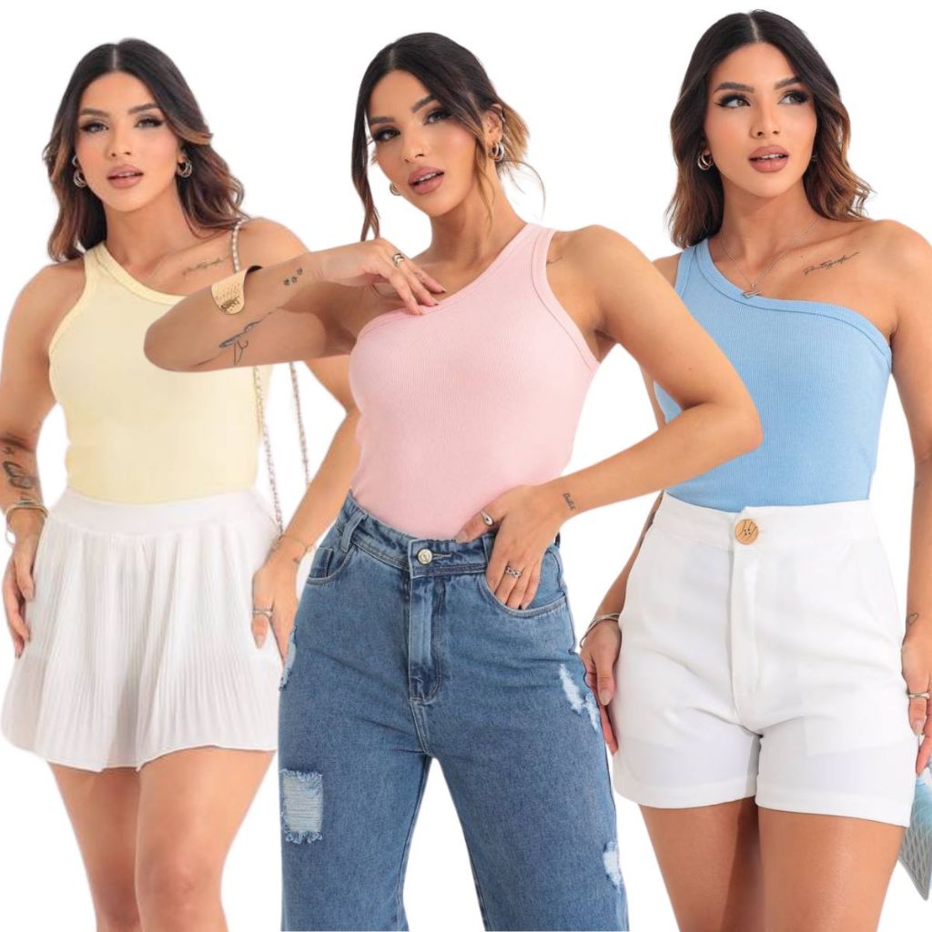 Kit Blusa Básica Uma Alça Verão Moda Gringa Feminina Casual Ribana  Premium Dia Trabalho Peça Chave