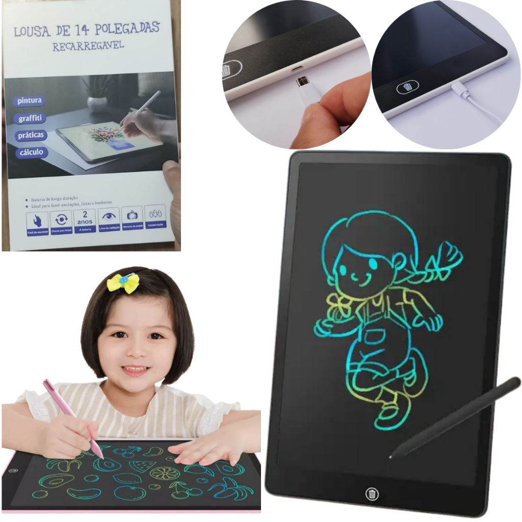 Lousa Mágica Super Grande Recarregável Usb Tablet Infantil brinquedo 14 Polegadas Escreve Colorido