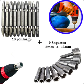 Kit Com 9 Soquetes 5 A 13mm + Kit 10 Ponteiras Parafusadeira Bits Ponteira Fenda Philips Canhão Jogo