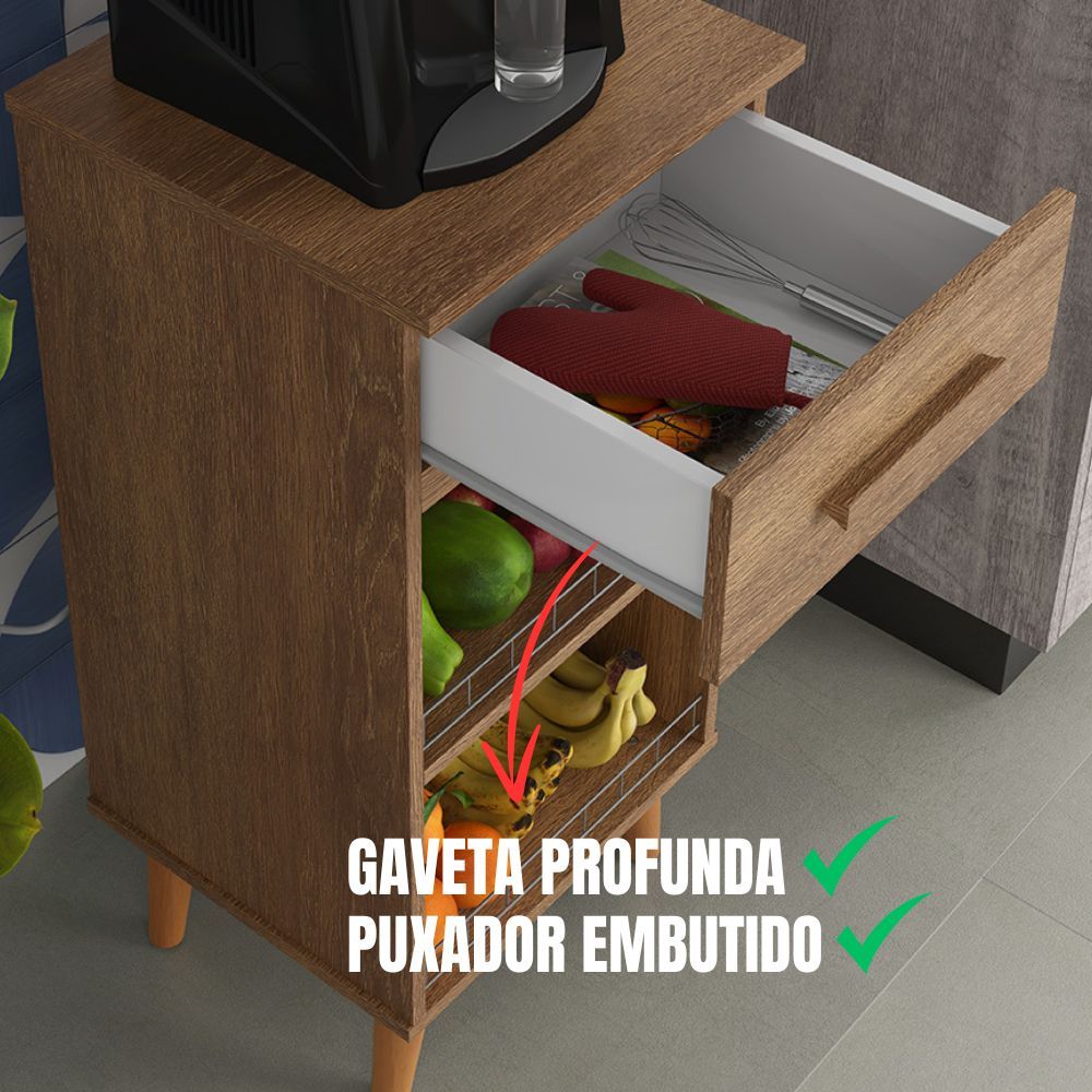 Balcão Fruteira Nicho 1 Gaveta Suporte de Bebedouro e Microondas Cozinha Pequena Marrom Canela