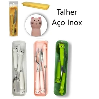 Conjunto 4 peças, Garfo, Colher, Faca, Porta Talher Aço Inoxidável bichinhos divertidos